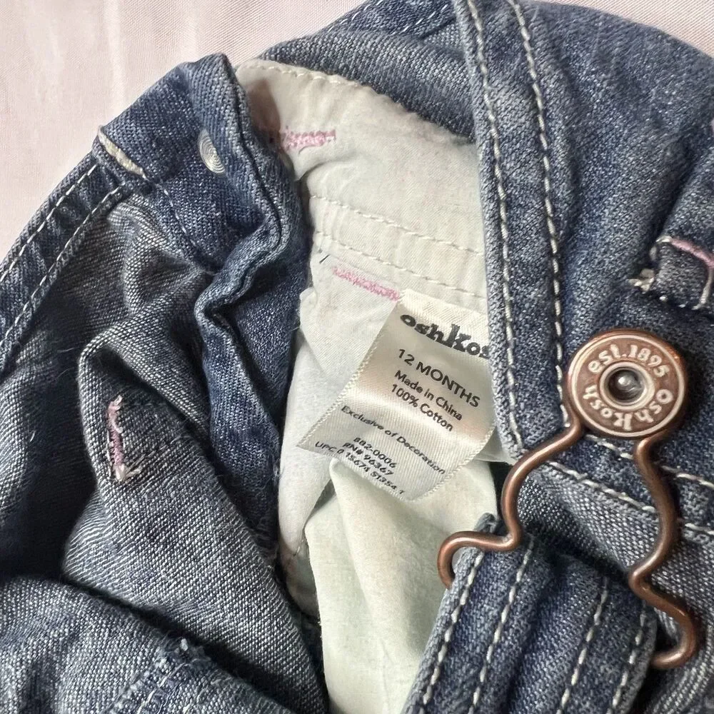 Oshkosh B'Gosh Blue Pink Jean Denim Overalls 12 Months Baby Toddler Fall Autumn